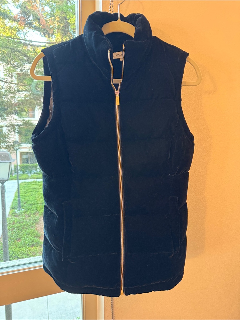 Calvin Klein Black Velvet Coat with Pale Pink Logo Tag